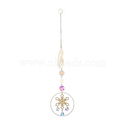 Brass Big Pendant Decorations, Hanging Suncatchers, with Octagon Glass Beads and Iron Findings, for Home Window Decoration, Hand & Sun, Snowflake, 270mm(HJEW-M005-01G-03)