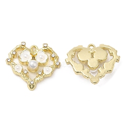 Alloy Enamel Pendants, with Glass and ABS Imitation Pearl, Cadmium Free & Lead Free, Heart Charm, Light Gold, 17x19x5mm, Hole: 1.2mm(PALLOY-A003-04KCG)