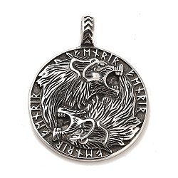 304 Stainless Steel Pendants, Flat Round with Viking Symbol and Wolf, Antique Silver, 45.5x35.5x4mm, Hole: 6.5x4.5mm(STAS-M334-11AS)