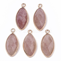 Natural Strawberry Quartz Pendants, with Golden Plated Edge Brass Findings, Faceted, Horse Eye, 20x9x5mm, Hole: 1.2mm(X-G-T131-07I)