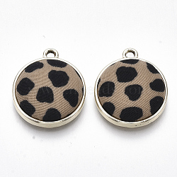 Alloy Pendants, with Cloth, Flat Round, Light Gold, Camel, 23x19x5.5mm, Hole: 2mm(PALLOY-S122-23B)