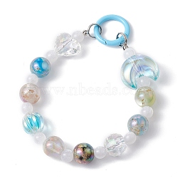 Resin Pendant Decorations, with Acrylic Beads and Alloy Spring Gate Rings, Round & Heart, Light Sky Blue, 265mm(KEYC-JKC00514)