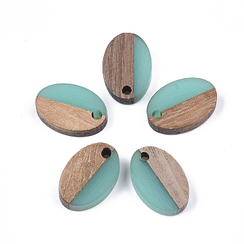 Resin & Walnut Wood Pendants, Oval, Medium Turquoise, 15.5x10.5x3~3.5mm, Hole: 1.8mm