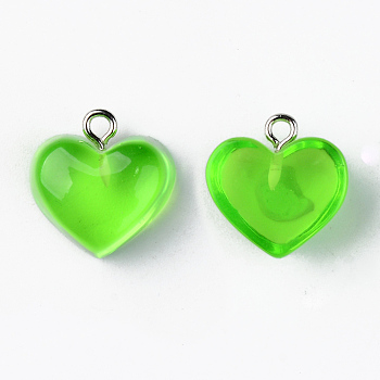 Transparent Resin Pendants, with Platinum Tone Iron Loop, Heart, Lime Green, 16.5x17x9.5mm, Hole: 1.8mm