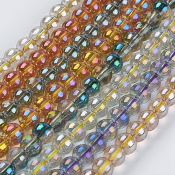 Electroplate Glass Beads Strands, Full Rainbow Plated, Round, Mixed Color, 6~6.5mm, Hole: 1mm, about 70~71pcs/strand, 15.5 inch