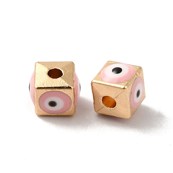 Alloy Enamel Beads, Light Gold, Cube with Evil Eye, Pink, 5.5x6x6mm, Hole: 1.8mm