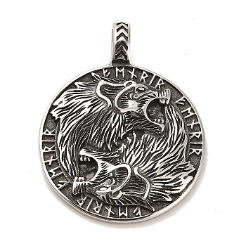 304 Stainless Steel Pendants, Flat Round with Viking Symbol and Wolf, Antique Silver, 45.5x35.5x4mm, Hole: 6.5x4.5mm