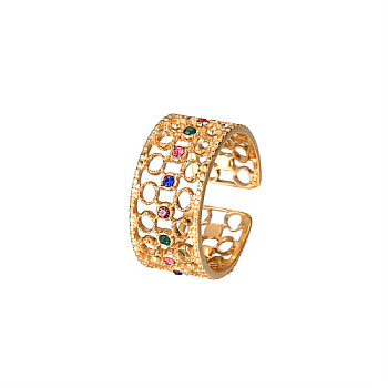 Golden Stainless Steel Hollow Open Cuff Ring, with Cubic Zirconia, Colorful, Inner Diameter: 20.8mm