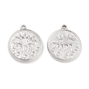 304 Stainless Steel Pendants, Textured Flat Round with Eye Charm, Stainless Steel Color, 18.5x16.5x2mm, Hole: 1.4mm