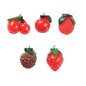 20Pcs 5 Style Resin Pendants, with Platinum Tone Iron Findings, Imitation Fruit, Strawberry & Waxberry & Apple & Cherry & Litchi, Red, 29~32x21mm, Hole: 2mm, 4pcs/style, 24pcs/box