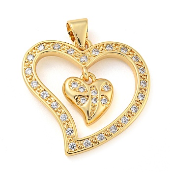 Rack Plating Brass Micro Pave Cubic Zirconia Pendants, Cadmium Free & Lead Free, Long-Lasting Plated, Heart, Real 18K Gold Plated, 21.5x22x2mm, Hole: 4x3.5mm