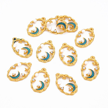 Alloy Enamel Pendants, with Crystal Rhinestone and ABS Plastic Imitation Pearl, Cadmium Free & Lead Free, Oval with Moon, Golden, 20.5x13.5x3.5mm, Hole: 1.2mm