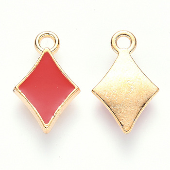Alloy Enamel Charms, Rhombus, Light Gold, Red, 15x10x2mm, Hole: 1.6mm