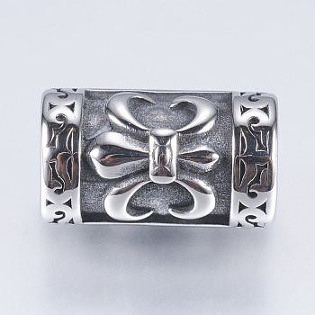 304 Stainless Steel Tube Beads, Large Hole Beads, Column with Fleur De Lis, Antique Silver, 20.5x12mm, Hole: 8mm