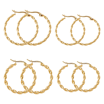 DICOSMETIC 4 Pairs 4 Style PVD Vacuum Plating 201 Stainless Steel Twist Rope Hoop Earrings with 304 Stainless Steel Pins for Women, Golden, 25~30.5x2~3mm, Pin: 0.6mm, 1 Pair/style