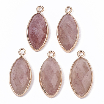 Natural Strawberry Quartz Pendants, with Golden Plated Edge Brass Findings, Faceted, Horse Eye, 20x9x5mm, Hole: 1.2mm