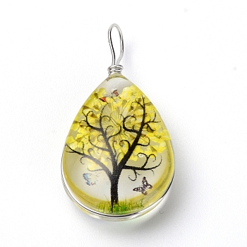 Transparent Glass Pendants, with Dride Flower inside and Zinc Alloy Finding, Teardrop, Platinum, Yellow, 35.5x18x9mm, Hole: 3.5x4.5mm