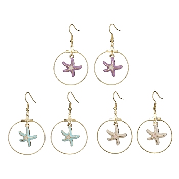 Alloy Dangle Earrings, Starfish, Mixed Color, 45.5mm, 3 pair/set