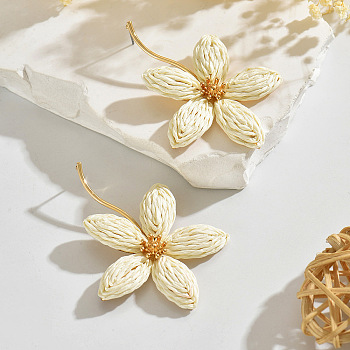Bohemian Iron & Raffia Stud Earrings, Flower, Floral White, 63x48mm