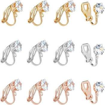 30Pcs 3 Colors Brass Clip-on Earring Findings, with Clear Cubic Zirconia and Horizontal Loops, Mixed Color, 17x5x9mm, Hole: 1.2mm, 10Pcs/color