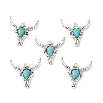 Synthetic Turquoise Pendants, with Alloy Findings, Cattle Head Charms, Antique Silver, 36.5x35.5x8mm, Hole: 2.6mm