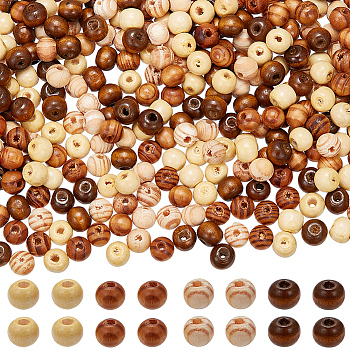 400Pcs 4 Colors Natural Unfinished Wood Beads, Round Wooden Loose Beads Spacer Beads for Craft Making, Lead Free, Mixed Dyed and Undyed, Mixed Color, 8x7~8mm, Hole: 2~3mm, 100pcs/color