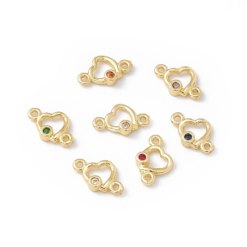 Brass Micro Pave Cubic Zirconia Links Connectors, Real 18K Gold Plated, Heart, Mixed Color, 6x9.5x2mm, Hole: 0.9mm
