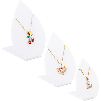 3Pcs 3 Sizes Opaque Acrylic Slant Back Necklace Display Stands, Leaf Shaped Pendant Necklace Display Holder, White, 5.2~7.6x4.9~7.5x7.9~11.3cm, 1 size/pc
