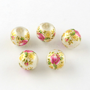 Rose Flower Pattern Printed Round Glass Beads(GFB-R005-10mm-A)-2
