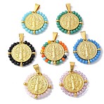 304 Stainless Steel Pendants, with Glass Beads, Ion Plating(IP), Flat Round with Sage, Real 18K Gold Plated, Mixed Color, 27.5x28x3.5mm, Hole: 8x4mm(KK-K399-01G)