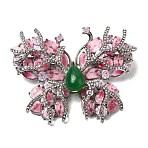 Butterfly Resin Pins, Alloy Rhinestone Brooches for Clothes, Platinum, Pink, 50x62.5mm(JEWB-L026-05P-01)