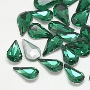 Pointed Back Glass Rhinestone Cabochons, Back Plated, Faceted, teardrop, Med.Emerald, 10x6x3mm(RGLA-T082-6x10mm-15)