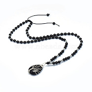 Natural Obsidian Pendant Necklaces, with Brass Findings, Teardrop with Tree, 23.62 inch(60cm)(NJEW-P241-C01)