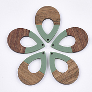 Resin & Walnut Wood Pendants, Teardrop, Medium Sea Green, 38x25.5x3mm, Hole: 2mm(RESI-S358-94C)