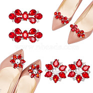 4Pcs 2 Style Flower Glass Rhinestone Shoe Decoration, Detachable Iron Shoe Buckle Clips, Ruby, 31~52x49~71x12~14mm, 2pcs/style(AJEW-AR0001-79A)