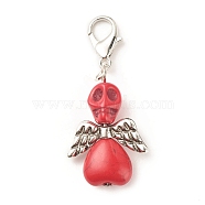 Dyed Synthetic Turquoise Pendant Decorations, with CCB Plastic Beads and Alloy Clasps, Skull with Wing, Red, 45mm, Skull: 29.5x20x9.5mm(HJEW-JM00672-02)