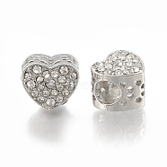 Alloy European Beads, Large Hole Beads, with Rhinestone, Heart, Platinum, Crystal, 10.5x12x9.5mm, Hole: 5mm(MPDL-S066-012)