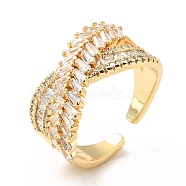 Clear Cubic Zirconia Criss Cross Open Cuff Ring, Brass Wide Chunky Ring for Women, Cadmium Free & Lead Free, Real 18K Gold Plated, US Size 6 1/2(16.9mm)(RJEW-M142-11G)