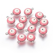 304 Stainless Steel Enamel Charms, Flat Round with Evil Eye, Stainless Steel Color, Pink, 11x8x3.5mm, Hole: 1.5mm(STAS-O123-B-08P)
