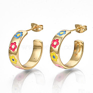 Brass Enamel Stud Earrings, Half Hoop Earrings, with Ear Nuts, Nickel Free, Ring with Flower, Real 16K Gold Plated, Colorful, 20x6mm, Pin: 0.8mm(EJEW-T014-07G-NF)