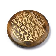 Chakras Themed Natural Tiger Eye Cabochons, Flat Round with Flower of Life, 35x6~7mm(G-P001-22D)