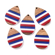 Independence Day Opaque Striped Resin & Walnut Wood Pendants, Geometric Charms, Teardrop, 36x24.8x3.7mm, Hole: 2mm(RESI-U010-02S)