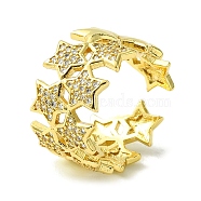 Brass Micro Pave Cubic Zirconia Open Cuff Rings, Star, Real 16K Gold Plated, US Size 8(18.1mm)(RJEW-K256-25G)