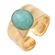 Oval Natural Amazonite Finger Rings, Ion Plating(IP) 304 Stainless Steel Wide Band Cuff Rings for Women, Soldered, Real 14K Gold Plated, Oval: 11x9.5mm, Adjustable(RJEW-Z057-12G-06)