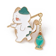 Cat and Fish Enamel Pin, Gold Plated Alloy Badge for Backpack Clothes, Teal, 40x34x2mm(JEWB-E016-07G-01)
