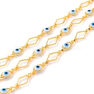 Handmade Brass Link Chains, with Evil Eye Glass Beads, Long-Lasting Plated, Unwelded, with Spool, Rhombus, Golden, Sky Blue, Link: 10.5x6.5x3.5mm, 14.5x8x1mm(CHC-C019-08)