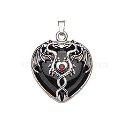Natural Obsidian Pendants, with Zinc Alloy Findings, Heart with Dragon, 32x31mm(X-PW-WG50940-06)
