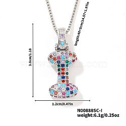 Brass Pave Colorful Cubic Zirconia Letter Pendant Box Chain Necklaces, Platinum, Letter I, 15.75 inch(40cm)(NU0575-35)