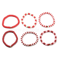 Handmade Polymer Clay Heishi Beads Stretch Bracelets Sets, with Golden Plated Stainless Steel Spacer Beads, Red, Inner Diameter: 2 inch(5.2cm), 6pcs/set(BJEW-JB05902-08)