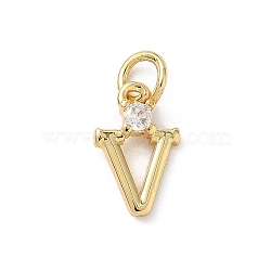 Brass Pave Clear Cubic Zirconia Charms, Letter Charms, with Jump Ring, Rack Plating, Long-Lasting Plated, Lead Free & Cadmium Free, Real 18K Gold Plated, Letter V, 12~12.5x3~10x2.3mm, Hole: 3.3mm(KK-A273-01G-V)